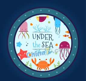 潜水艇玻璃圆窗外的海底世界